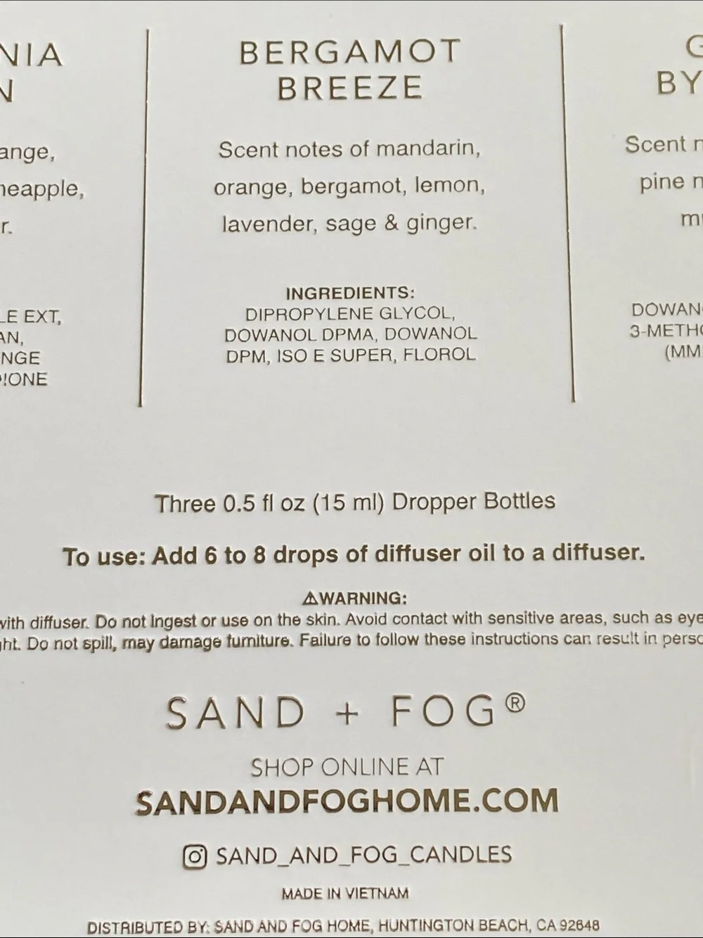 Modern Heirloom Fragrance Diffuser Oils 3 Bottle Set Sand & Fog NWT